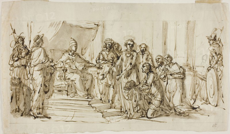 Papal Audience, n.d., Possibly Domenico Pozzi, Italian, 1744-1796, Italy, Pen and brown ink, with brush and gray-brown wash, over black chalk on ivory laid paper, 182 x 305 mm