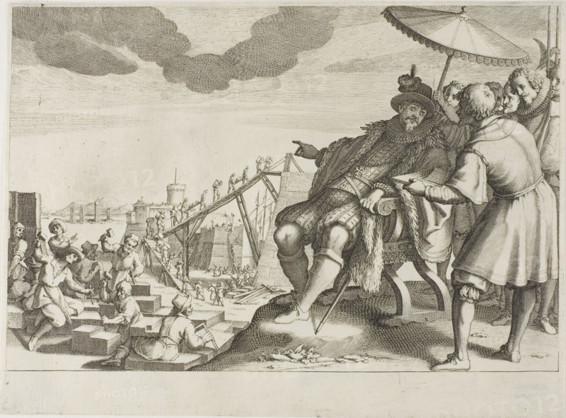 The Grand Duke Fortifies the Port of Livorno, from Life of Ferdinando I de’ Medici, 1616/20, Jacques Callot (French, 1592-1635), after Matteo Rosselli (Italian, 1578-1650), France, Engraving in black on ivory laid paper, 223 × 303 mm (sheet, trimmed to plate)