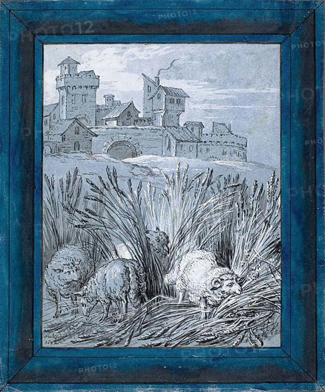 Sheep in the Field (Rien de trop I), 1732, Jean-Baptiste Oudry, French, 1686-1755, France, Pen and black ink, with brush and gray wash and black-and-white gouache, on blue laid paper, 314 × 260 mm