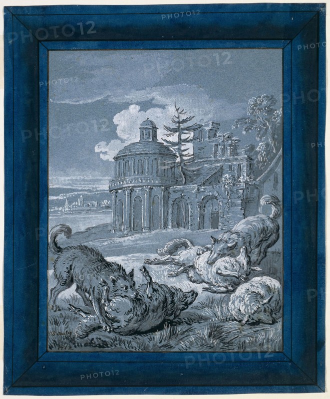 Wolves Attacking Sheep (Rein de Trop II), 1732, Jean-Baptiste Oudry, French, 1686-1755, France, Pen and brush and black ink, with brush and gray wash and black-and-white gouache, on blue laid paper, 313 × 261 mm