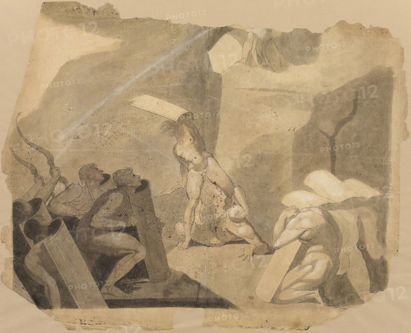 Titans Storming Mount Olympus, c. 1770–72, Henry Fuseli, Swiss, active in England, 1741-1825, Switzerland, Pen and black ink and brush and black, gray, and pale brown wash, heightened with touches of white chalk, on cream laid paper, perimeter mounted on tan laid paper, 560 x 700 mm