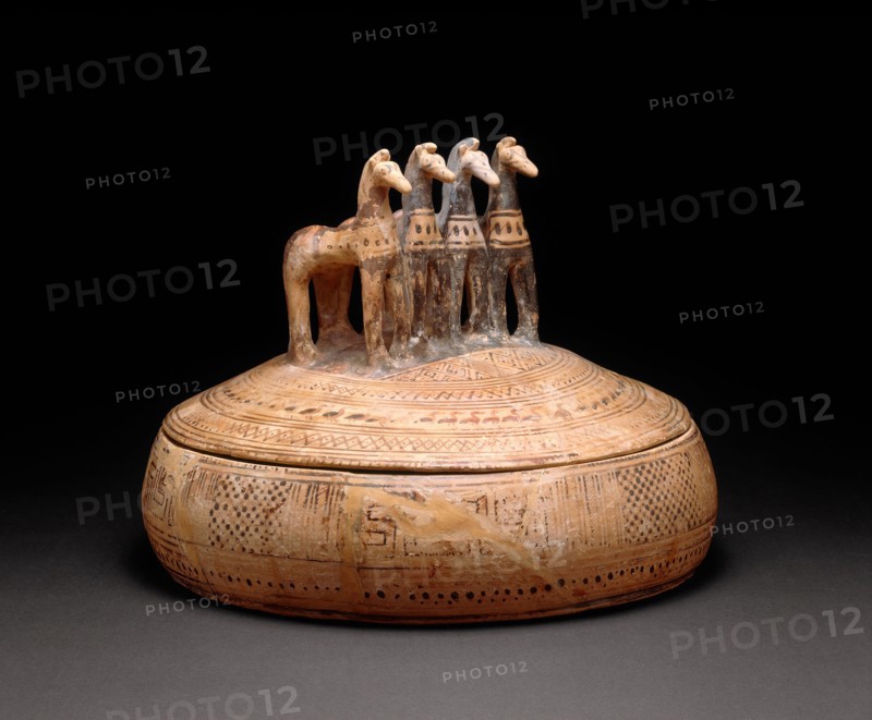 Pyxis (Container for Personal Objects), 730/720 BC, Greek, Athens, Athens, terracotta, 25 × 33 × 33.3 cm (9 7/8 × 13 × 13 1/8 in.)