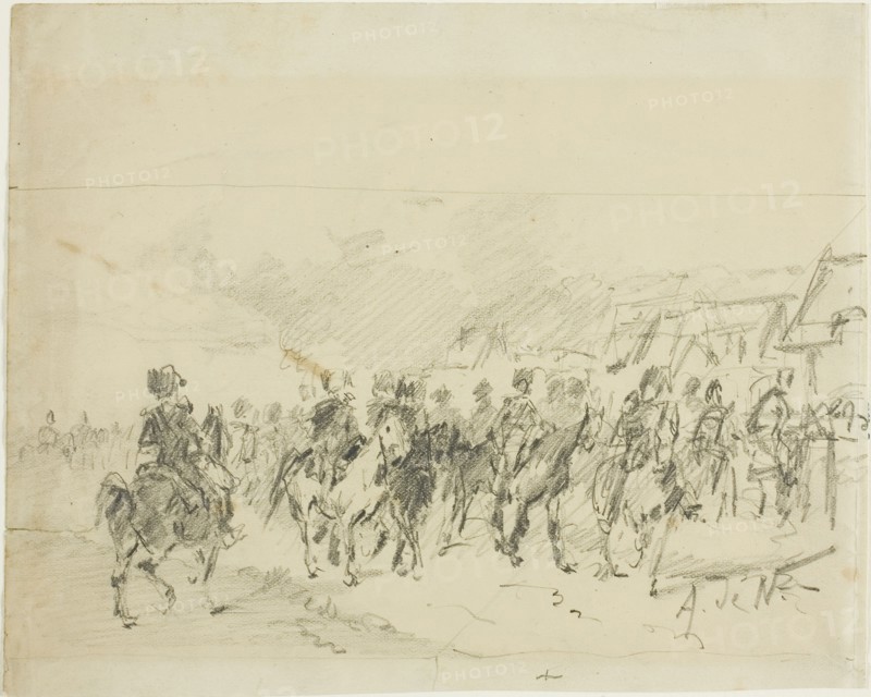 Man on Horseback, n.d., Alphonse Marie Adolphe de Neuville, French, 1835-1885, France, Graphite on ivory wove paper (discolored to tan), 144 × 179 mm