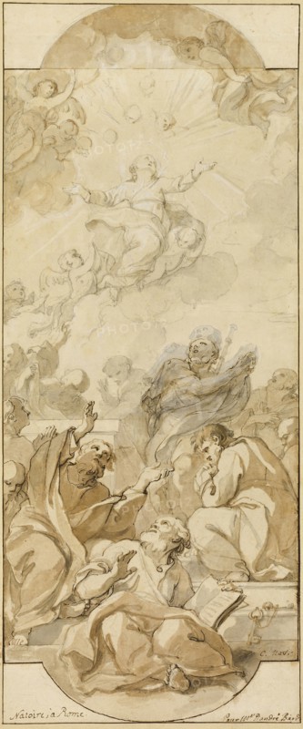 Assumption of the Virgin, n.d., Charles Joseph Natoire (French, 1700-1777), after Giacinto Calandrucci (Italian, 1646-1707), France, Black chalk and brush and brown and gray wash, with pen and brown ink, heightened with white gouache on cream laid paper, laid down on cream laid card, 474 × 195 mm