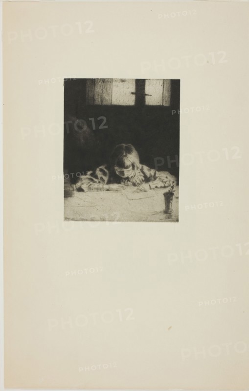 The Little Student, 1890, Julian Alden Weir, American, 1852-1919, United States, Drypoint on ivory wove paper mounted on cream wove paper, 103 x 83 mm (image/plate), 281 x 178 (sheet)