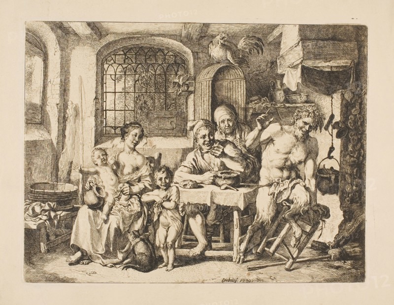 Satyr in a Peasant’s House, in the Style of Jordaens, 1739, Christian Wilhelm Ernst Dietrich, German, 1712-1774, Germany, Etching on paper, 208 x 275 mm (plate), 248 x 317 mm (sheet)