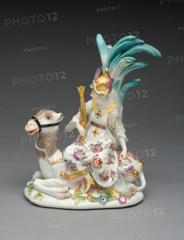 Allegorical Figure Representing Asia, 1746, Meissen Porcelain Factory, Germany, founded 1710, Modeled by Johann Joachim Kändler, German, 1706-1775, Meissen, Hard-paste porcelain, polychrome enamels, and gilding, 18.4 × 14.1 × 12.4 cm (7 1/4 × 5 9/16 × 4 7/8 in.)