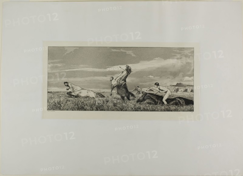 Pursued Centaur, plate three from Intermezzos, 1881, Max Klinger, German, 1857-1920, Germany, Etching and aquatint on cream wove paper, laid down on off-white wove paper, 164 x 377 mm (image), 201 x 406 mm (chine), 208 x 411 mm (plate), 448 x 623 mm (sheet)