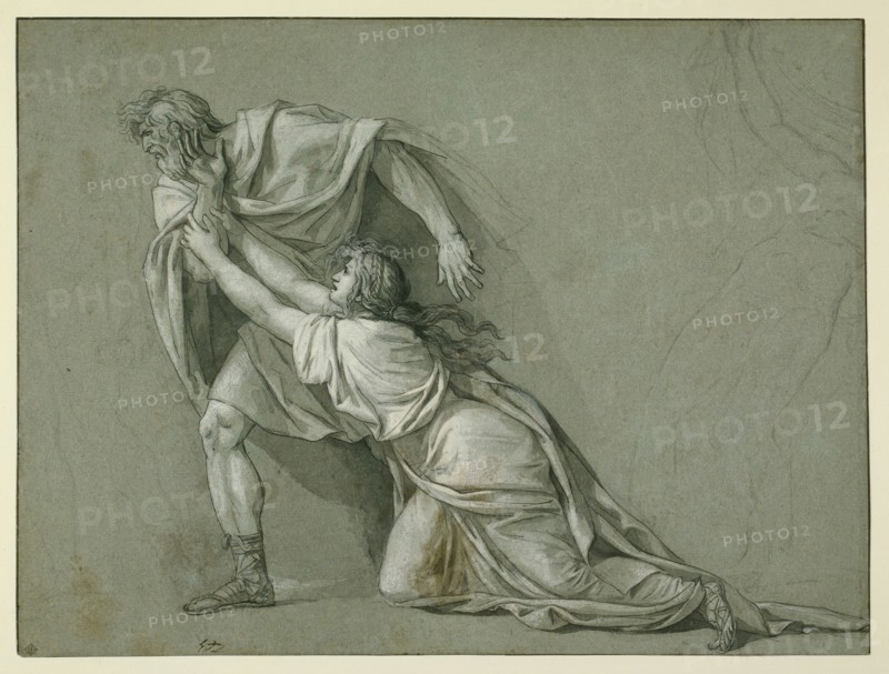 The Departure of Marcus Attilius Regulus for Carthage, 1785/86, Jacques Louis David, French, 1748-1825, France, Pen and black ink and brush and black ink wash and opaque white watercolor with black chalk and touches of brown watercolor on blue laid paper, 310 x 409 mm (sight)