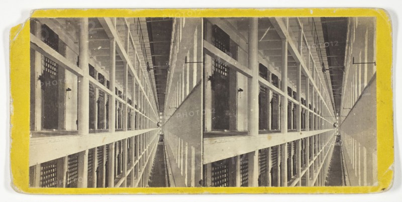Interior View of the Main Hall of Prison, East Side, which is 6 Stories High, and Contains 600 Cells, 1860/69, Anthony & Company, American, active 1848–1901, United States, Albumen print, stereo, No. 4318 from the series "Sing Sing Prison Views