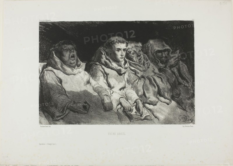 Brother Angel, 1855, Gustave Doré, French, 1832-1883, France, Lithograph in black on off-white China paper, laid down on white wove paper, 198 × 299 mm (image), 315 × 445 mm (sheet)