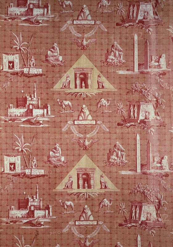 Les Monuments d’Egypte (The Monuments of Egypt) (Furnishing Fabric), c. 1800, Designed by Jean Baptiste Huet (French, 1745–1811) from engravings by Pagelet (French) and others after paintings by Louis François Cassas (French, 1756–1827), Manufactured by Christophe Philippe Oberkampf, 1738–1815, France, Jouy-en-Josas, France, Cotton, plain weave, engraved roller and block printed, 249.9 × 95.6 cm (98 3/8 × 37 5/8 in.)