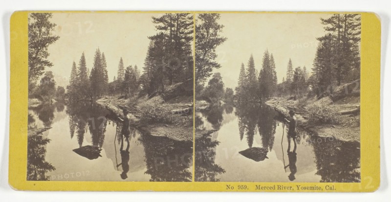 Merced River, Yosemite, Cal., 1855/75, Kilburn Brothers, American, active 1855–1875, United States, Albumen print, stereo, 7.6 x 7.6 cm (each image), 8.2 x 17.1 cm (card)