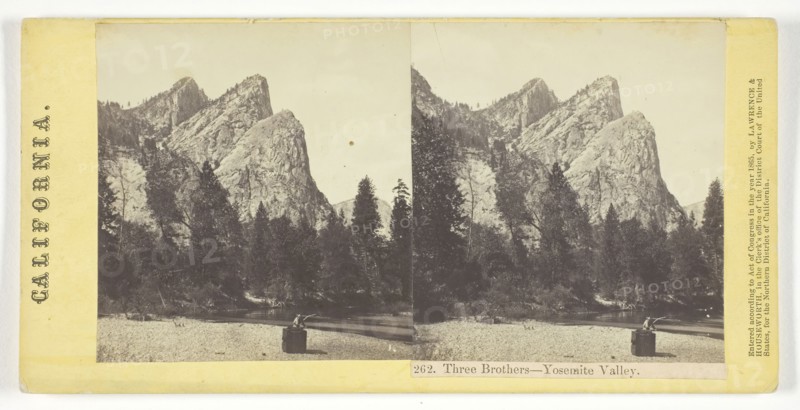 Three Brothers, Yosemite Valley, California, 1865, Lawrence & Houseworth, American, active 1860s, United States, Albumen print, stereo, No. 262 from the series "California