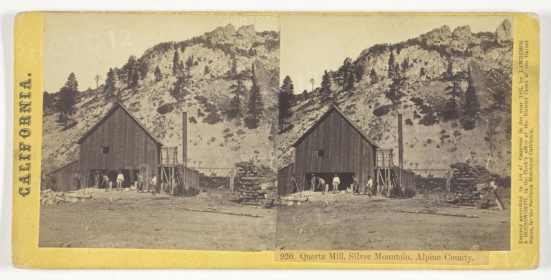 Quartz Mill, Silver Mountain, Alpine County, California, 1865, Lawrence & Houseworth, American, active 1860s, United States, Albumen print, stereo, No. 920 from the series "California