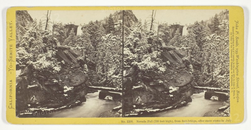 Nevada Fall (700 feet high), From Foot-Bridge, after Snow Storm in July, 1870, John P. Soule, American, 1828–1904, United States, Albumen print, stereo, No. 1208 from the series "California -- Yo-Semite Valley