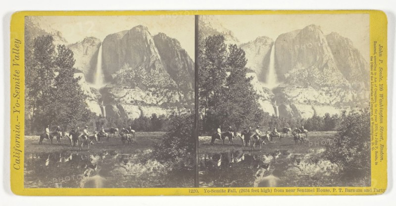 Yo-Semite Fall, (2634 feet high) from near Sentinel House, P. T. Barnum and Party, 1870, John P. Soule, American, 1828–1904, United States, Albumen print, stereo, No. 1220 from the series "California -- Yo-Semite Valley