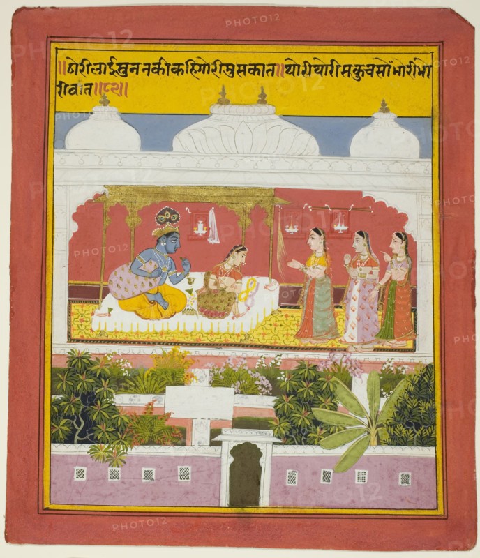 Krishna and Radha in a Pavilion, page from a copy of the Sat Sai Seven Hundred Verses), dated 1719, India, Rajasthan, Mewar, India, Opaque watercolor and gold on paper, Image: 21.1 x 17.6 cm, Border: 22.2 x 18.7 cm, Paper: 25.1 x 21.5 cm