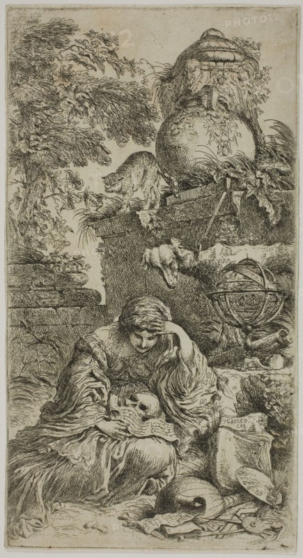 Melancholia, before 1647, Giovanni Benedetto Castiglione, Italian, 1609-1664, Italy, Etching on ivory laid paper, 217 x 117 mm (image/sheet, cut within plate)