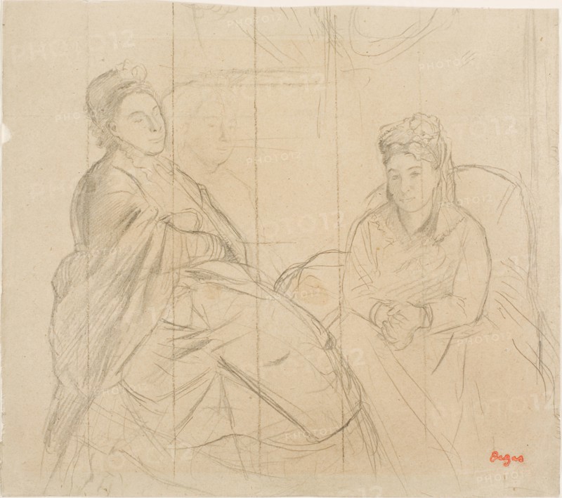 Madame Lisle and Madame Loubens, 1869/72, Edgar Degas, French, 1834-1917, France, Graphite on tan wove paper, squared in black crayon, laid down on cream Japanese paper, 284 × 320 mm