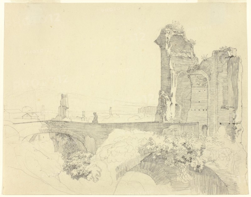 Bridge and Ruined Tower, n.d., Johann Christoph Erhard, German, 1795-1822, Germany, Graphite on cream wove paper, 199 x 254 mm
