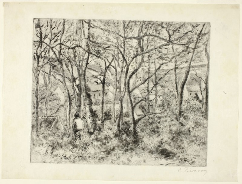 Woodlands at the Hermitage, 1879, Camille Pissarro, French, 1830-1903, France, Aquatint, soft ground etching, and drypoint in black on ivory Japanese paper, 220 × 270 mm (image/plate), 270 × 358 mm (sheet)