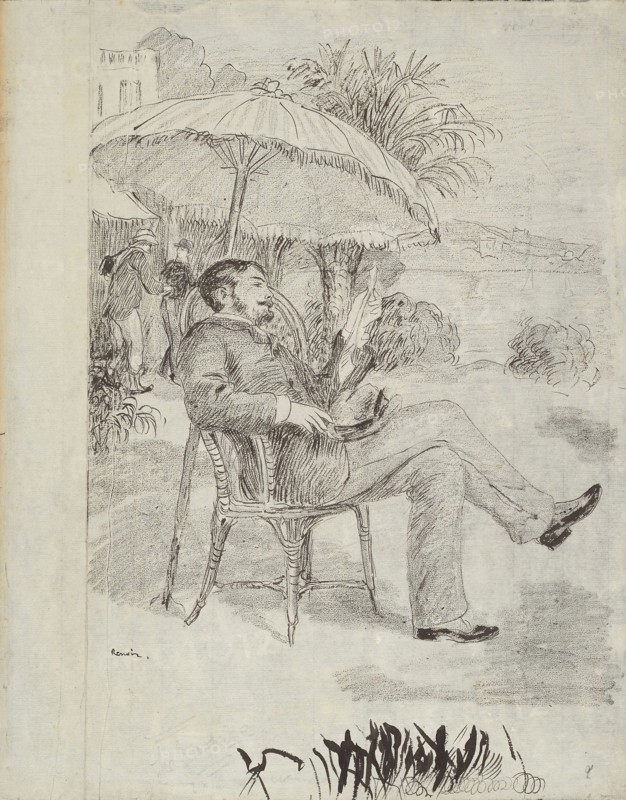 On the Terrace of a Hotel in Bordighera: The Painter Jean Martin Reviews his Bill, 1881, Pierre Auguste Renoir, French, 1841-1919, France, Black conté crayon over pen and brush and black ink on ivory laid paper (discolored to cream), 452 × 354 mm