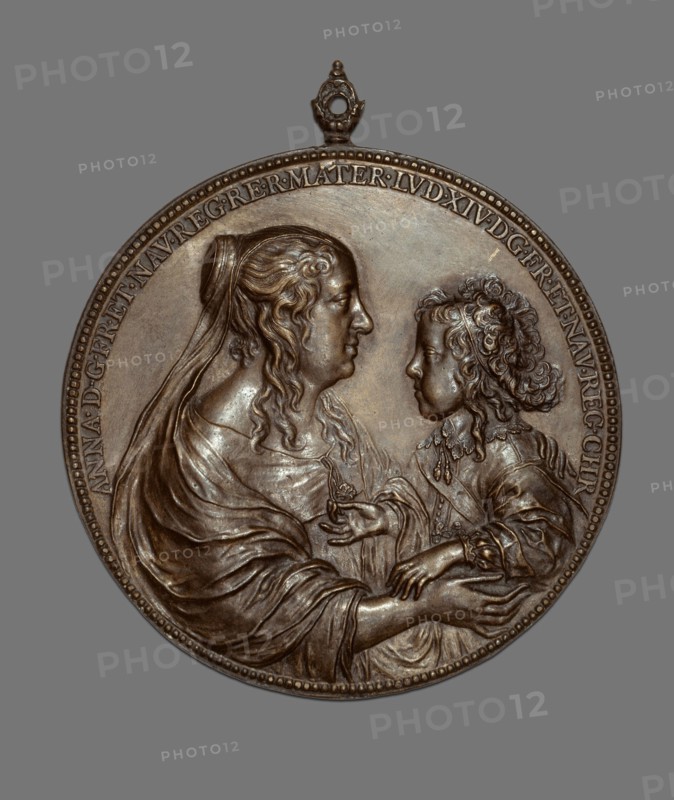 Portrait Medallion:  Anne of Austria and her Son, the future King Louis XIV, 1638/48, Jean Warin, III, Attributed to, French, 1604-1672, France, Bronze, cast, chased, and patinated, Diam. (without hanging finial) 9.4 cm (3 11/16 in.)