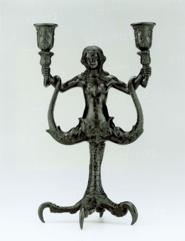Candelabrum in the Shape of a Siren, c. 1520, Workshop of Severo (di Domenico Calzetta) da Ravenna, Italian, active c. 1496–1543, Venice, Bronze, 27.5 × 17 × 16.5 cm (10 7/8 × 6 11/16 × 6 1/2 in. )