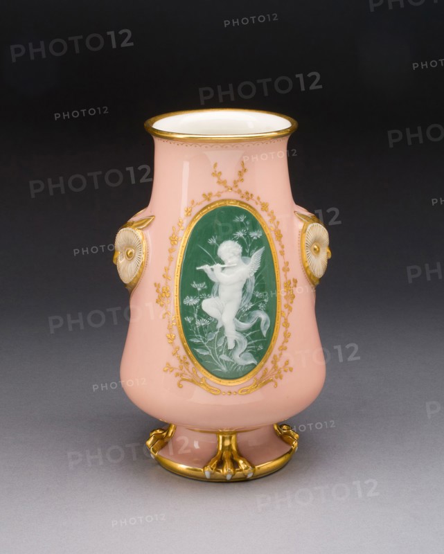Vase, 1880/90, Mintons Ltd., English, founded 1793, Stoke on Trent, Hard-paste porcelain with pâte sur pâte decoration in white on green ground surrouned by pale peach ground with gilding, 19.1 x 11.1 x 10.8 cm (7 9/16 x 4 3/8 x 4 1/4 in.)