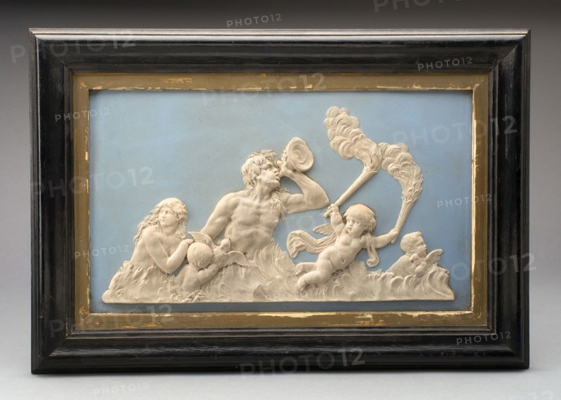 Plaque with Triton and Nereids, Late 18th century, Wedgwood Manufactory, England, founded 1759, Burslem, Stoneware (jasperware), Plaque: 22.9 × 39.1 cm (9 × 15 3/8 in.)
