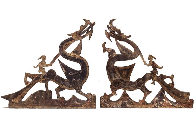 Immortals Riding Dragons: Sections of a Tomb Pediment, Han dynasty (206 B.C.–A.D. 220), 1st century B.C./A.D., China, probably from Henan province, China, Gray earthenware with traces of slip and polychrome pigments