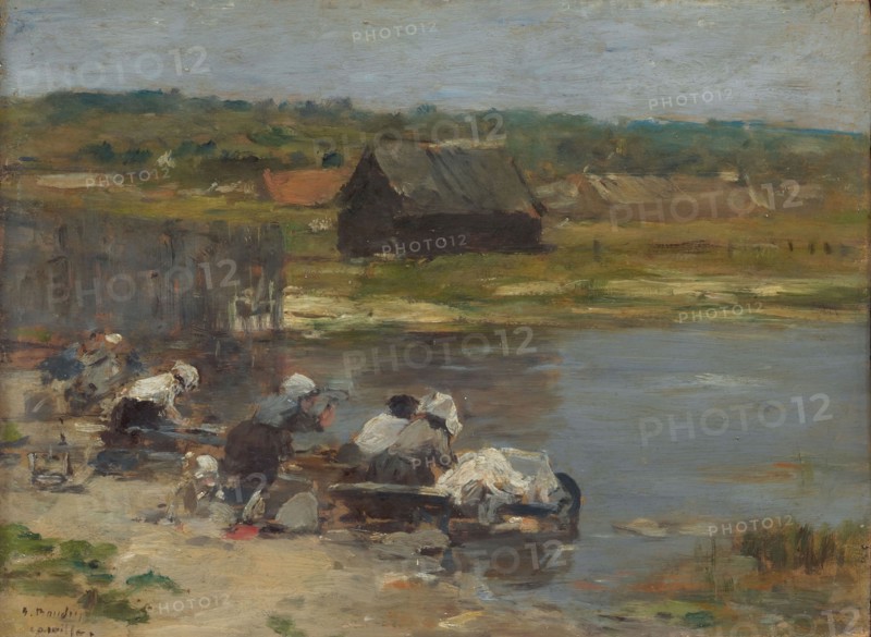 Washerwomen at the Edge of the Pond, 1880/85, Eugène-Louis Boudin, French, 1824-1898, France, Oil on panel, 7 1/4 × 9 3/4 in. (18.4 × 24.8 cm)