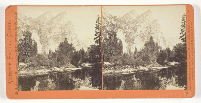 Three Brothers, 4480 ft., Yosemite, 1861/76, Carleton Watkins, American, 1829–1916, United States, Albumen print, stereo, from the series "Watkins' Pacific Coast