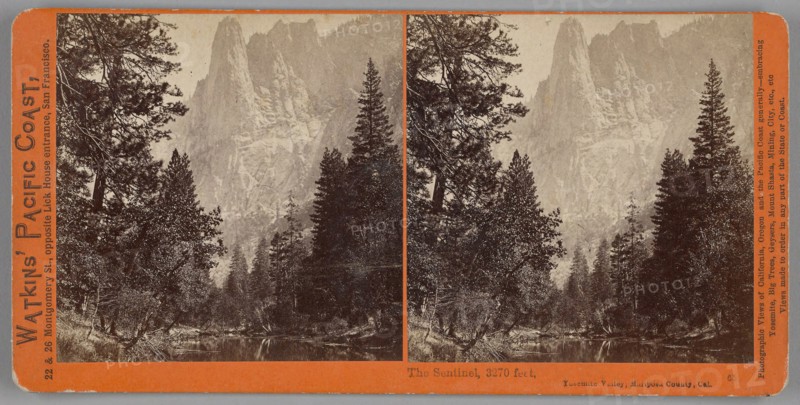 The Sentinel, 3270 feet, Yosemite Valley, Mariposa County, Cal., 1861/76, Carleton Watkins, American, 1829–1916, United States, Albumen print, stereo, No. 65 from the series "Watkins' Pacific Coast