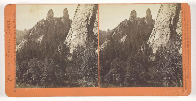Cathedral Spires, Yosemite, 1861/76, Carleton Watkins, American, 1829–1916, United States, Albumen print, stereo, from the series "Watkins' Pacific Coast