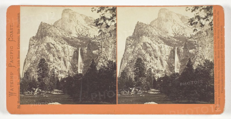 The Bridal Veil, 900 ft., Yosemite, 1861/76, Carleton Watkins, American, 1829–1916, United States, Albumen print, stereo, from the series "Watkins' Pacific Coast