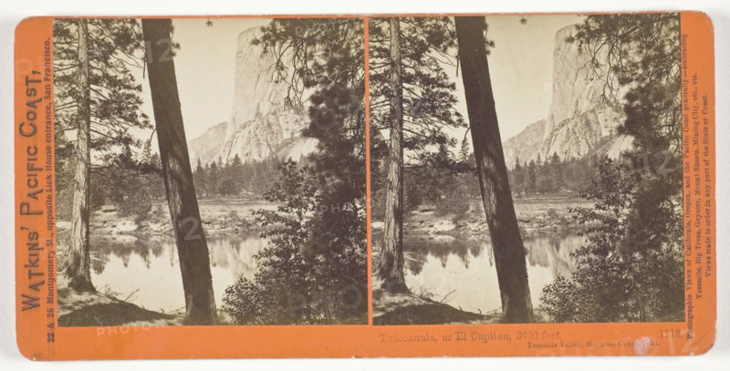 Tutocanula, or El Capitan, 3600 ft., Yosemite Valley, Mariposa County, Cal., 1861/76, Carleton Watkins, American, 1829–1916, United States, Albumen print, stereo, No. 1118 from the series "Watkins' Pacific Coast
