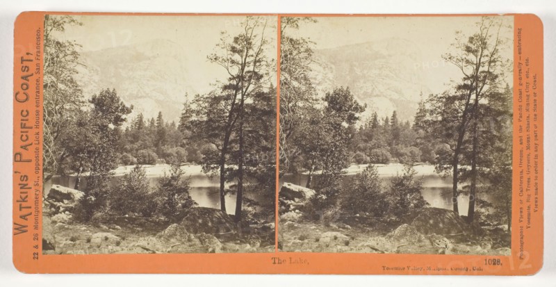 The Lake, Yosemite Valley, Mariposa County, Cal., 1861/76, Carleton Watkins, American, 1829–1916, United States, Albumen print, stereo, No. 1028 from the series "Watkins' Pacific Coast