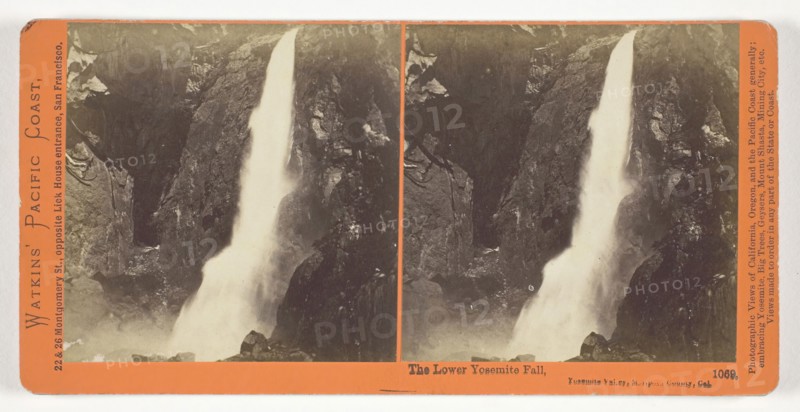 The Lower Yosemite Fall, Yosemite Valley, Mariposa County, Cal., 1861/76, Carleton Watkins, American, 1829–1916, United States, Albumen print, stereo, No. 1069 from the series "Watkins' Pacific Coast