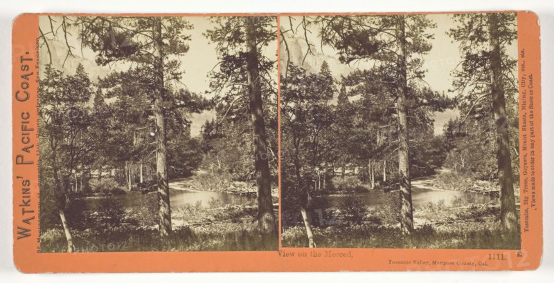 View on the Merced, Yosemite Valley, Mariposa County, Cal., 1861/76, Carleton Watkins, American, 1829–1916, United States, Albumen print, stereo, No. 1111 from the series "Watkins' Pacific Coast