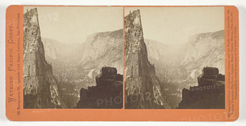 Looking Down the Valley from Union Point, Yosemite, 1861/76, Carleton Watkins, American, 1829–1916, United States, Albumen print, stereo, from the series "Watkins' Pacific Coast