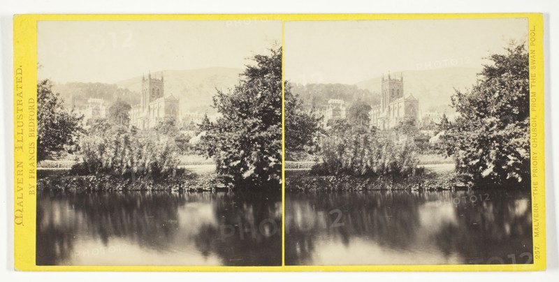 Malvern, the Priory Church, from the Swan Pool, 1850/94, Francis Bedford, English, 1816–1894, England, Albumen print, stereo, No. 257 from the series "Malvern Illustrated