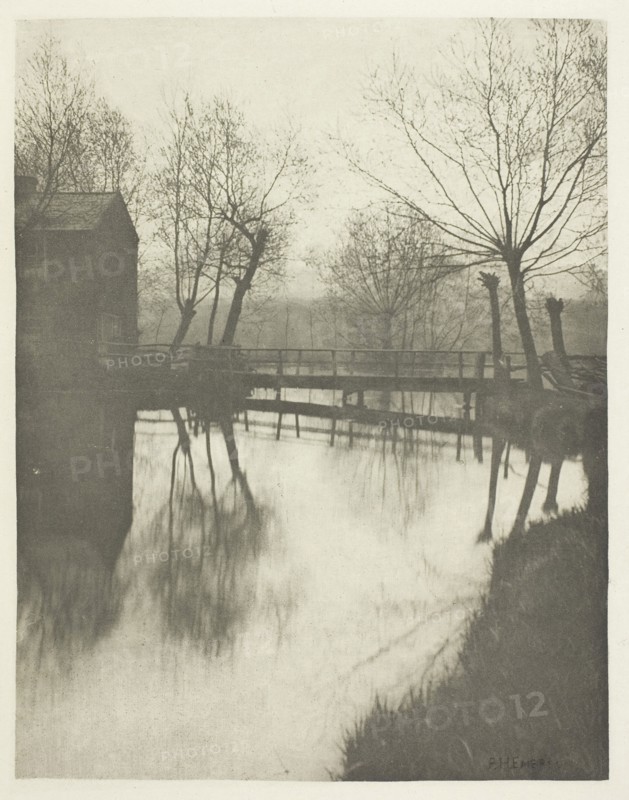Footbridge Near Chingford, 1880s, Peter Henry Emerson, English, born Cuba, 1856–1936, England, Photogravure, plate XXV from the album "The Compleat Angler or the Contemplative Man's Recreation, Volume II" (1888), edition 109/250, 18.5 × 14.4 cm (image), 20.7 × 16.2 cm (paper), 32 × 24.5 cm (album page)