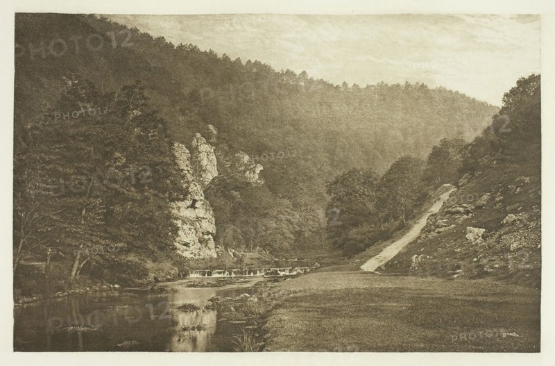 In Dove Dale, 1880s, Peter Henry Emerson, English, born Cuba, 1856–1936, England, Photogravure, plate XXXIX from the album "The Compleat Angler or the Contemplative Man's Recreation, Volume II" (1888), edition 109/250, 12.9 × 20 cm (image), 15.1 × 21.8 cm (paper), 24.5 × 32 cm (album page)