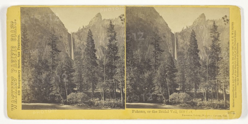 Pohono, or the Bridal Veil, 900 feet, Yosemite Valley, Mariposa County, Cal., 1867, Carleton Watkins, American, 1829–1916, United States, Albumen print, stereo, No. 1075 from the series "Watkins' Pacific Coast