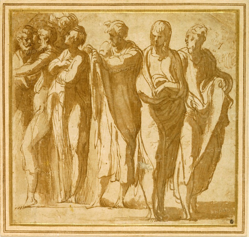 Group of Nine Standing Figures, 1524/27, Francesco Mazzola, called Parmigianino, Italian, 1503-1540, Italy, Pen and brown ink and brush and brown wash, on tan laid paper, laid down on tan laid card, 124 x 131 mm