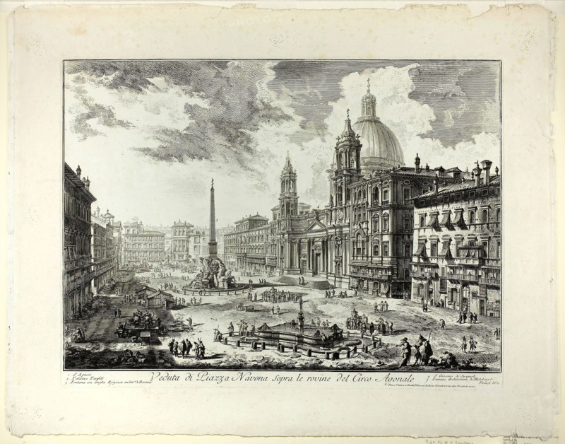 View of Piazza Navona above the ruins of the Circus of Domitian, from Views of Rome, 1750/59, published 1800–07, Giovanni Battista Piranesi (Italian, 1720-1778), published by Francesco (Italian, 1758-1810) and Pietro Piranesi (Italian, born 1758/9), Italy, Etching on heavy white laid paper, 392 x 551 mm (image), 415 x 556 mm (plate), 540 x 690 mm (sheet)