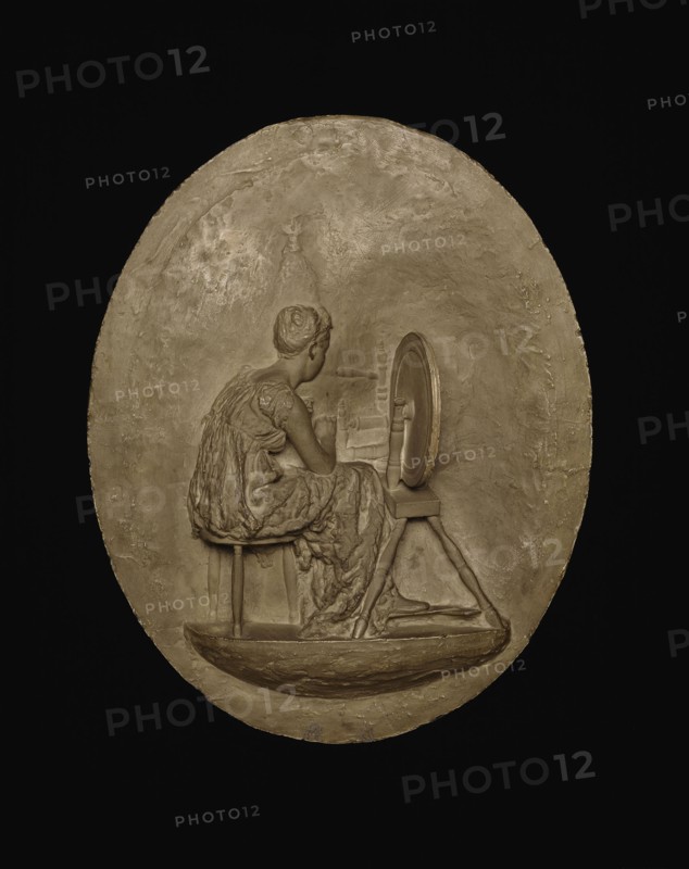 Spinning, Modeled 1882–83, cast c. 1886, Thomas Eakins, American, 1844–1916, Philadelphia, Painted plaster, 47 × 38.2 cm (18 1/2 × 15 in.)