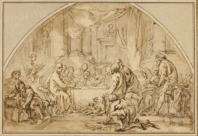 Study for The Last Supper, c. 1792, Jean Baptiste Huet (French, 1745-1811), after François Boucher (French, 1703-1770), France, Pen and brown ink and brush and brown wash, with touches of pen and black ink, graphite, and traces of red chalk and brush and red chalk wash, on lunette-shaped tan laid paper, laid down on tan wove card, 219 × 323 mm